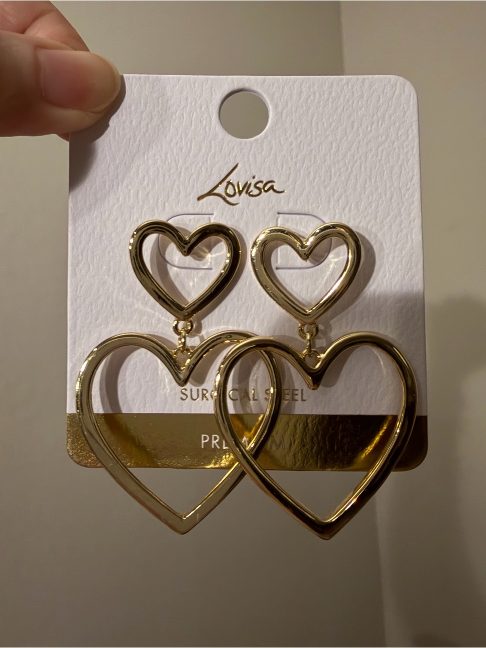 NEW Lovisa premium Gold Double Heart Drop Statement Earrings hypoallergenic